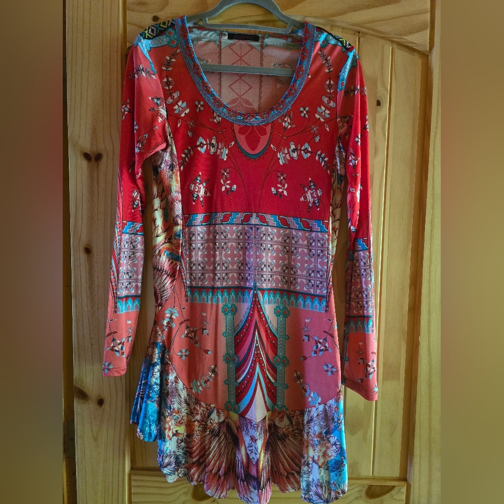 Custo Barcelona Red and Blue Patterned Mini Dress